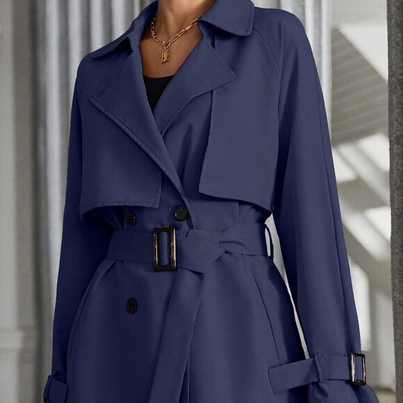 Navy Blue Casual Women's Lapel Neck Raglan Sleeve Double Breasted Trench Coat - Picture 2 of 5